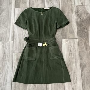 Tory Burch Nadia Dress Green Linen Short Sleeve Size 6 Belted Lined Zip Green